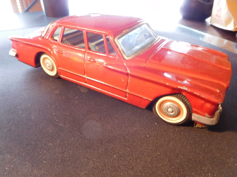 Vintage Bandai tin, friction drive Chrysler Valiant. Made in Japan.