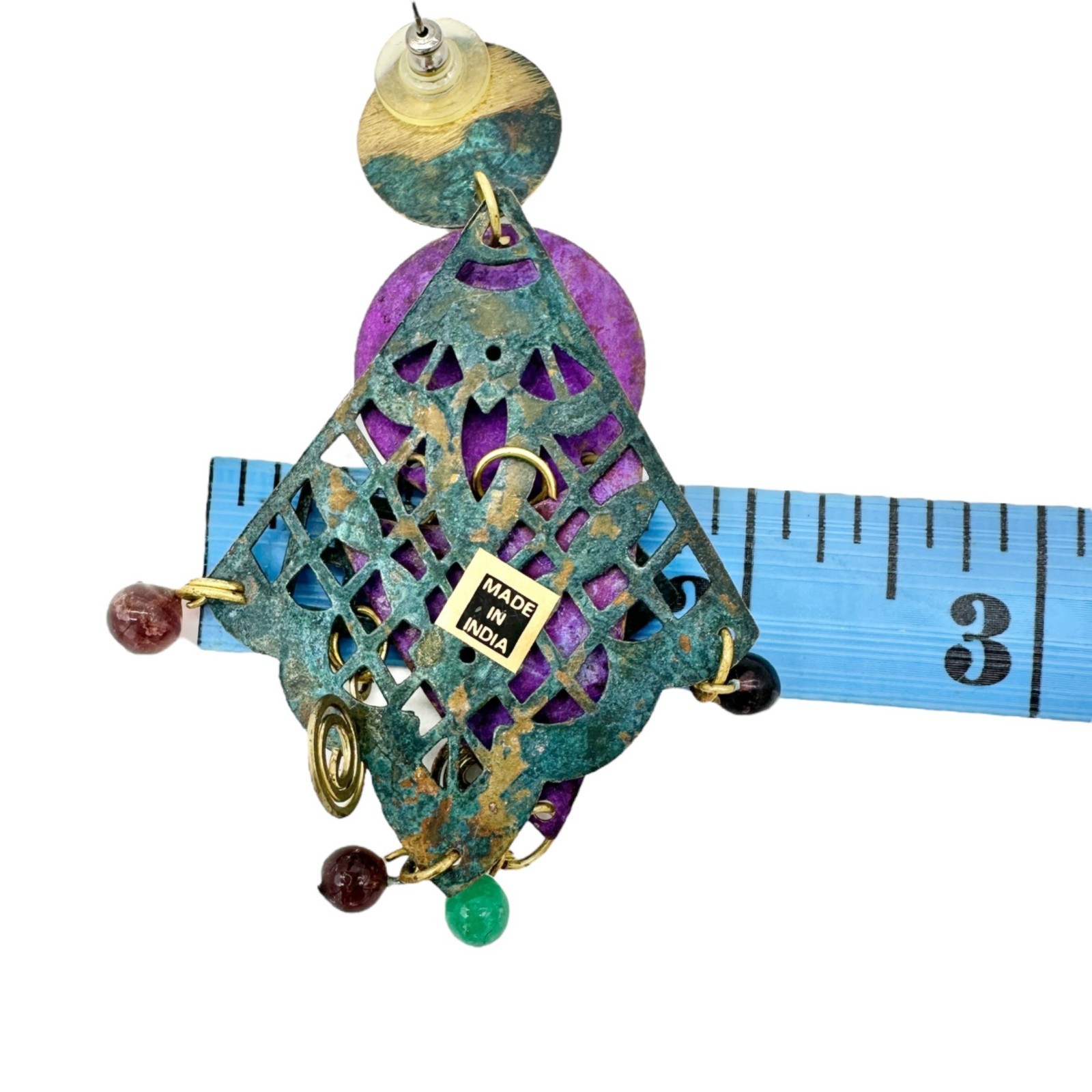 Statement Dangle Earrings Purple Green Geometric … - image 7