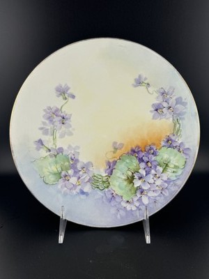 J.P.L. Limoges France Hand Painted Plate   Purple Violets & Green Leaves  