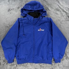 Chaqueta de Trabajo Six Flags Azul Hombres M Nylon Concha Forrada de Vellón Capucha Desmontable EE. UU.