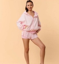 Women  s Blogilates Marshmallow Hooded Zip Sweatshirt Pink Gingham Size L NWT