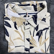 Denim  Flower Ricky Singh Shirt Mens L Cream Blue Floral Short Sleeve Cotton