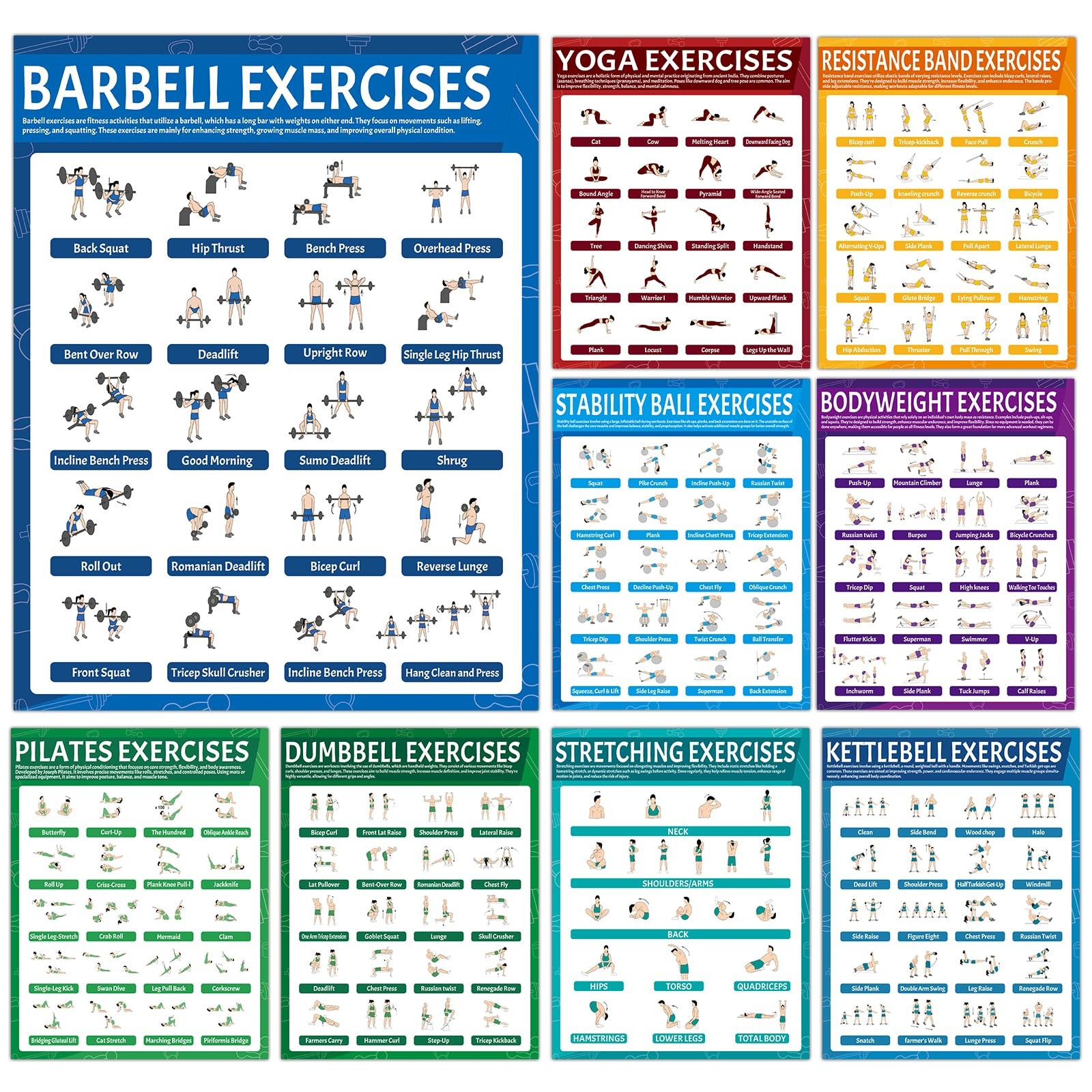 9Pcs Exercise Poster Set Workout Chart Posters 14 x 11 inches, Colorful 