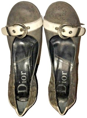 Christian DIOR Gray Distressed Denim Logo Silver Buckle Pumps