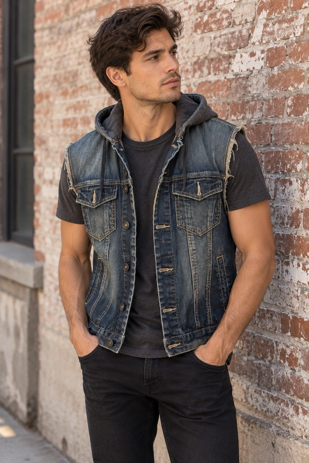 21MEN Hooded Denim Vest Mens M Distressed Y2K Grunge Skater Streetwear image 1