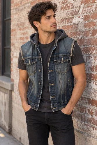 21MEN Hooded Denim Vest Mens M Distressed Y2K Grunge Skater Streetwear video thumbnail