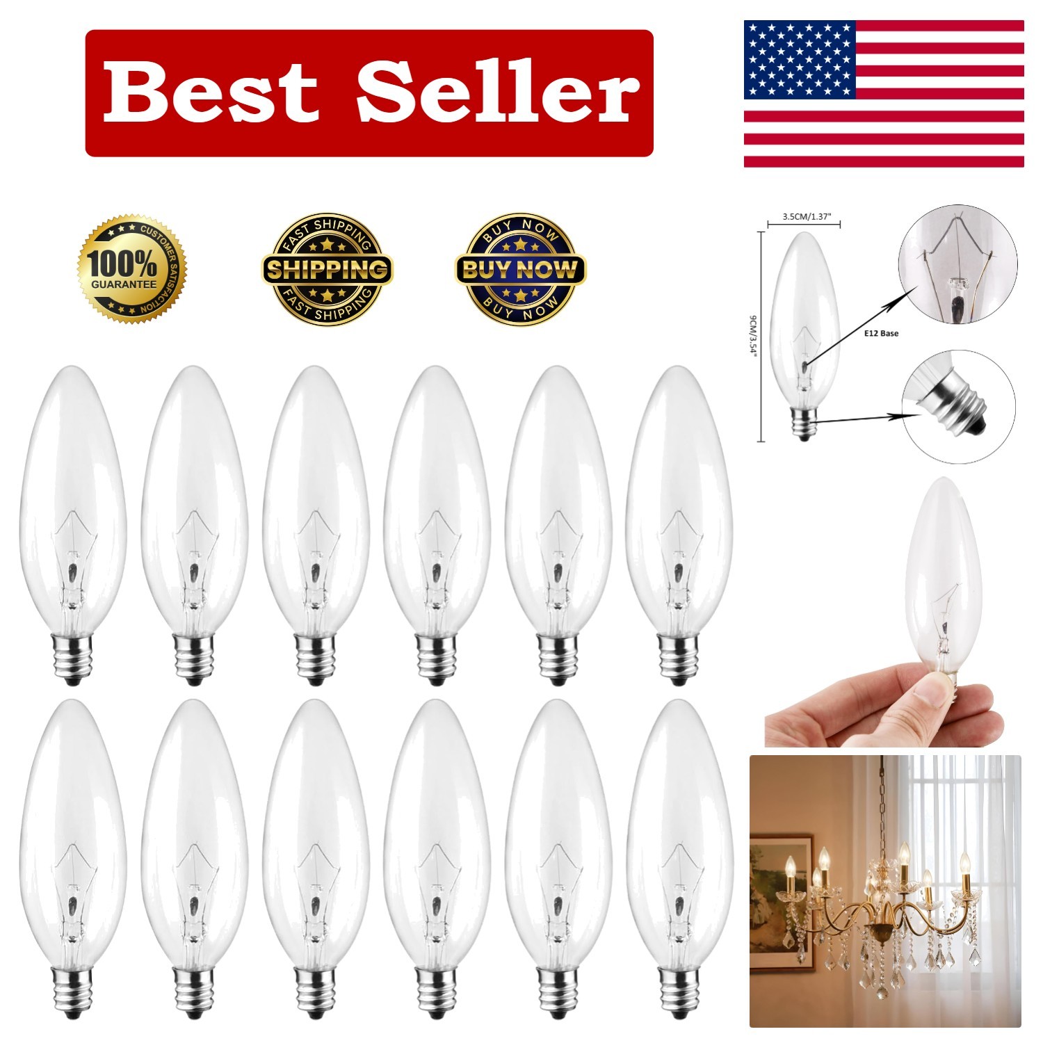E12 60 Watt Incandescent Candle Light Bulbs, Chandelier Ligh
