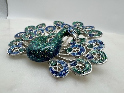 Peacock Enamel Brooch Pin Blue Green Sparkling