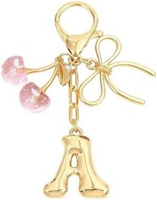 Bubble Initial Keychain with Bow Cherry - Gold Letter Bag Charms for Women, Cu