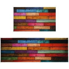 Colorful Wooden Kitchen Rug Set of 2, 17"x47"+17"x30" Creative Abstract Print...