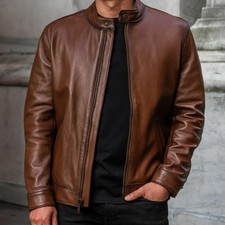 Minimalist Leather Jacket Men's Brown Lambskin Cafe Racer Zip Front Casual Coat