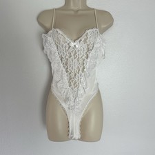 Vintage White Lace Sheer 1980's Women's NAN FLOWER Teddy White Satin Bow M