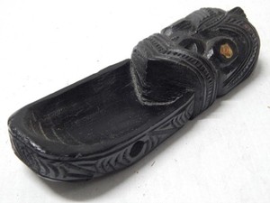 VINTAGE CARVED WOODEN OIL DISH POLYNESIAN / MAORI TIKI SHELL - FINE + NICE