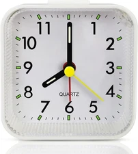 Small White Kids Desk Battery Alarm Clock, Analog Travel Clock, Quieter Bedside