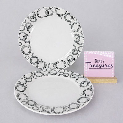 Pier 1 One ECLIPSE White Black Circles Rim Porcelain Round Salad Plates Set 2