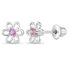 Spring CZ Flower Baby / Toddler / Kids Earrings Screw Back - Sterling Silver