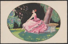 Vintage Glamour Postcard Lady in Pink Dress Sitting in Garden