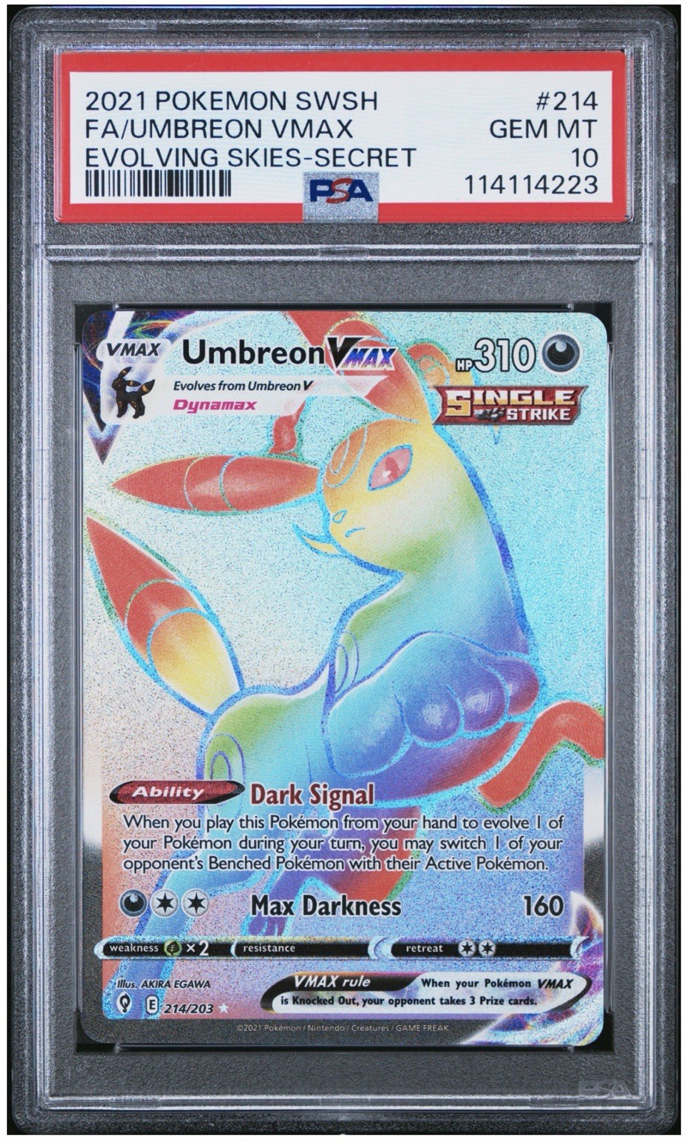 Pokemon Umbreon VMax Rainbow Secret Rare 214/203 PSA 10 GEM MINT Evolving Skies