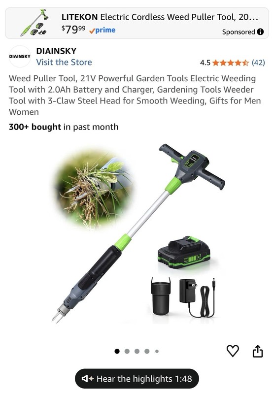 DIAINSKY 21V Cordless Electric Weed Puller 3-Claw Steel Head Long Handle
