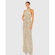 NWT Mac Duggal Sz 14 Sequined Halter Neck Belted Soft Tie Gown Champagne
