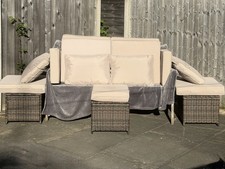 Rattan Garden Furniture Set – Stools, Cushions & Pillows – Outdoor Patio Seating