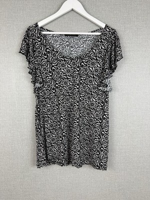 Barbara Hulanicki George Black White Floral Flutter Sleeve Top UK 18 Viscose