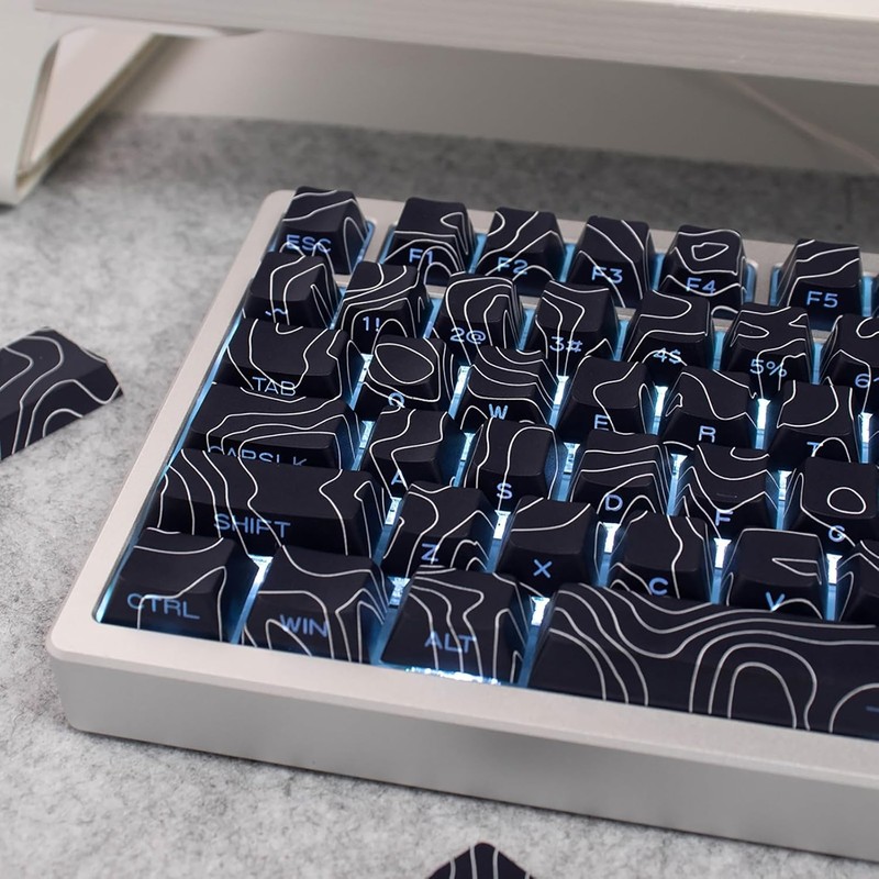 131 Keys PBT Dye Sub Keycaps Cherry Profile Black Topographic Keycap Set Fit fo