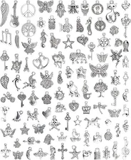 100 PCs Silver Charms for Jewelry Making Mixed Lot Pendants Bracelet Necklac.