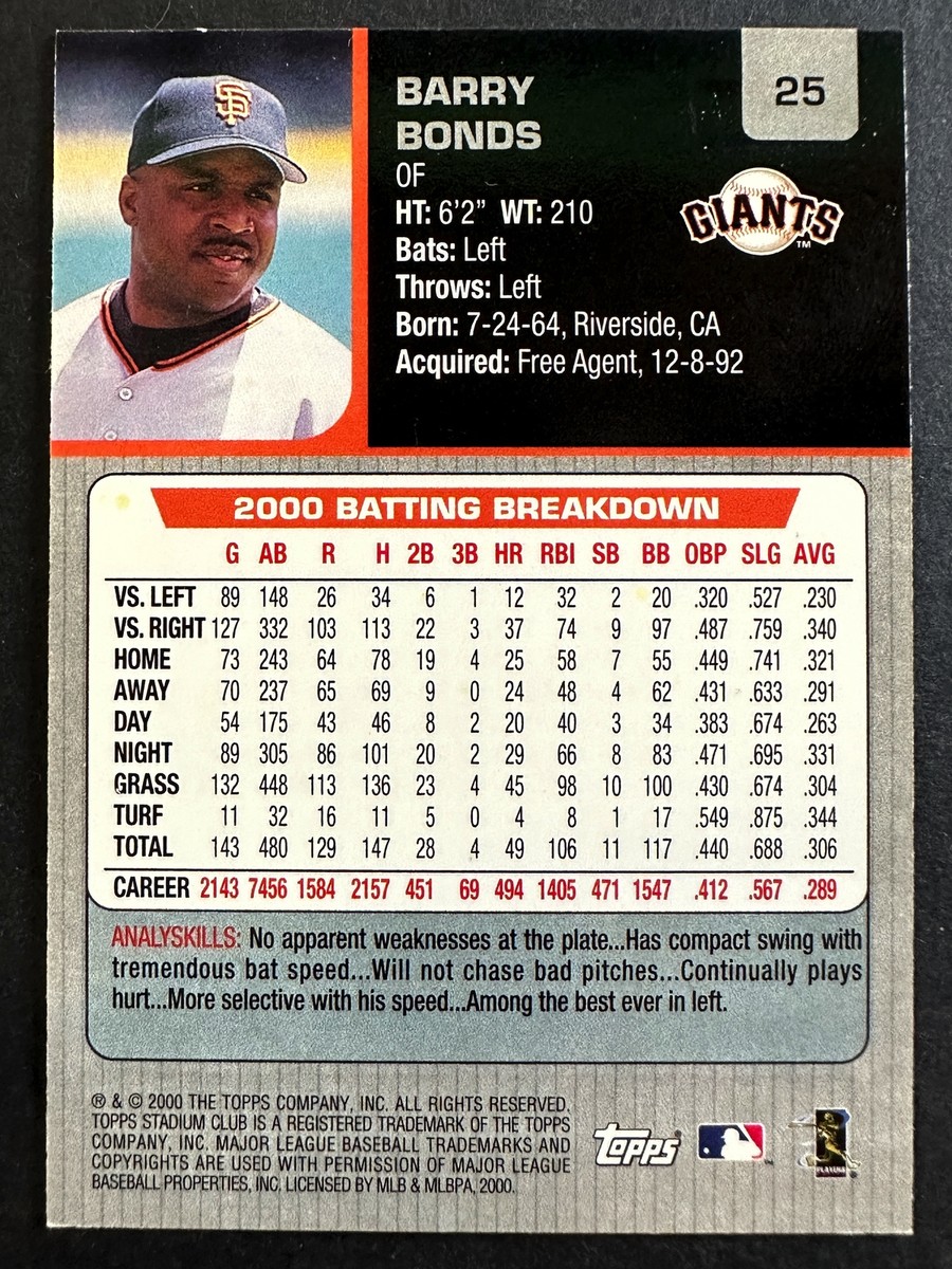 Barry Bonds 2001 Topps Stadium Club Baseball San Francisco Giants