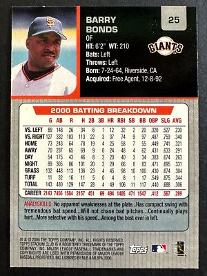 Barry Bonds 2001 Topps Stadium Club Baseball San Francisco Giants