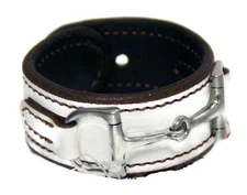 Equestrian Horse Bit Leather Wide Cuff Bracelet Silver Hardware, WHITE