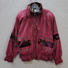 Clipper Bay Women Jacket Medium Red Floral Vintage Windbreaker Velvet Read