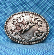 Western Bull Rider Cowboy Dress Belt Buckle Rodeo Scroll Vtg 80s Nocona .DBD313