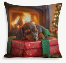 Puppy Santa Holiday Christmas Tree Linen Throw Pillow Cover Holiday Home Decor