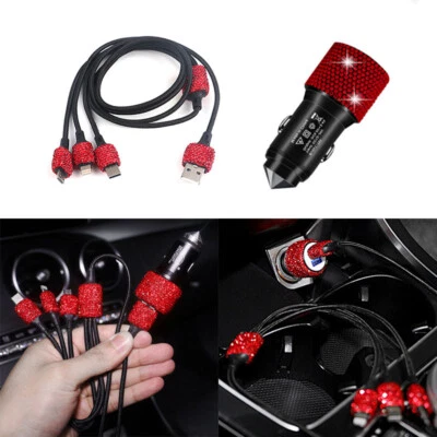 Bling Rhinestones Car Dual USB Car Charger 3-in-1 Multi Fast Charging Cable - Image 1 of 4