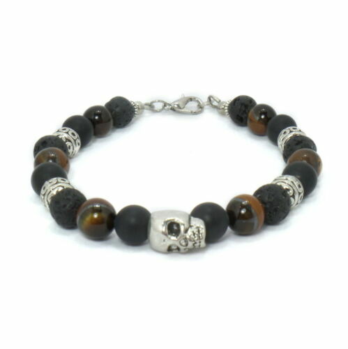 Bracciale Uomo In Pelle Con Pietra Occhio Di Tigre, Lunghezza 21 Cm, Chiusura Magnetica, Nero, Marrone, Blu
