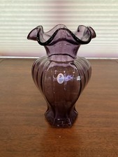 STUNNING VTG FENTON Amethyst Ribbed Optic  Ruffled Rim Art Glass Vase 9.25"H