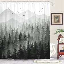 Black and White Misty Forest Shower Curtain Set Grey Gray Ombre Waterproof Fa...