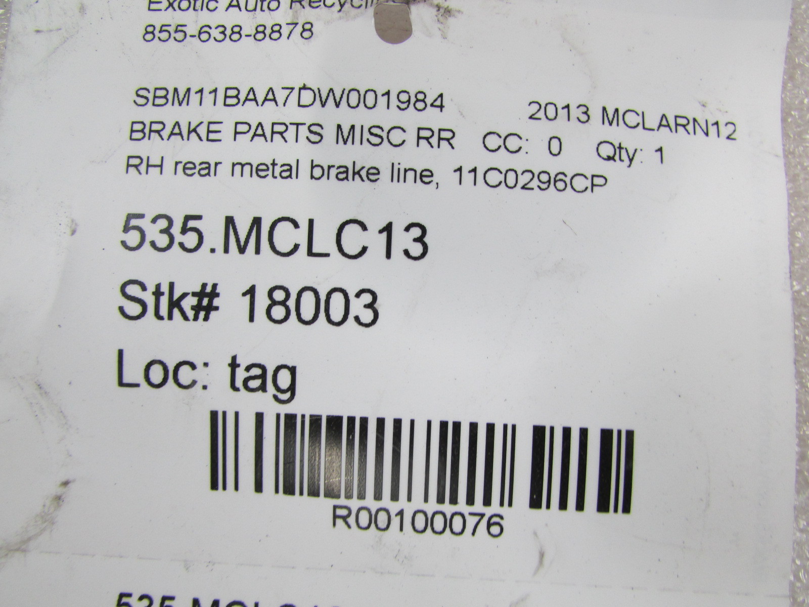 McLaren MP4-12C, RH, Right Rear Metal Brake Line, Used, P/N 11C0296CP