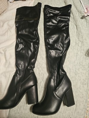 Black Wide Calf Rounded Toed Thigh High Block 3'' High Heel Boots Size 7