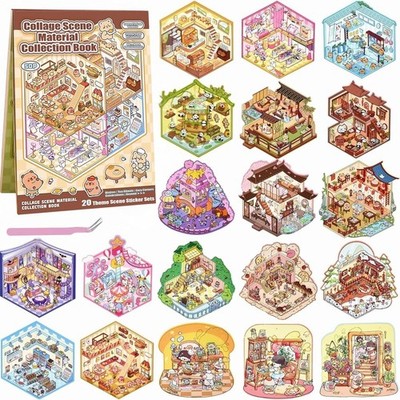 20 Sets 3D Sticker Scene, Miniature House Book for Sticker Therapy, Cute Cartoon