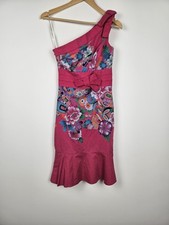 Vintage Karen Millen - Y2K Cerise Pink One Shoulder Patterned Dress - Size 8