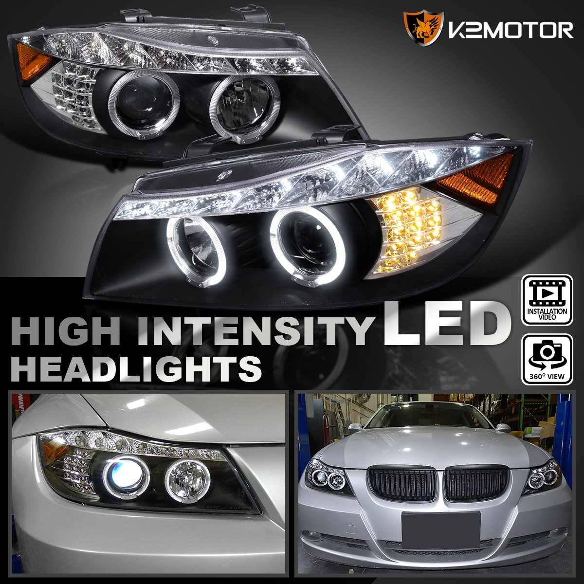 Black Fits 2006-2008 BMW E90 325i 328i Sedan LED Halo Projector