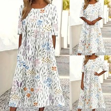 Women Floral Boho Printed Midi Dress Summer Holiday Beach Pockets Smock Dresses