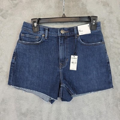 Express Denim Shorts Womens Size 4 Blue Midi High Rise Original Raw Hem Frayed