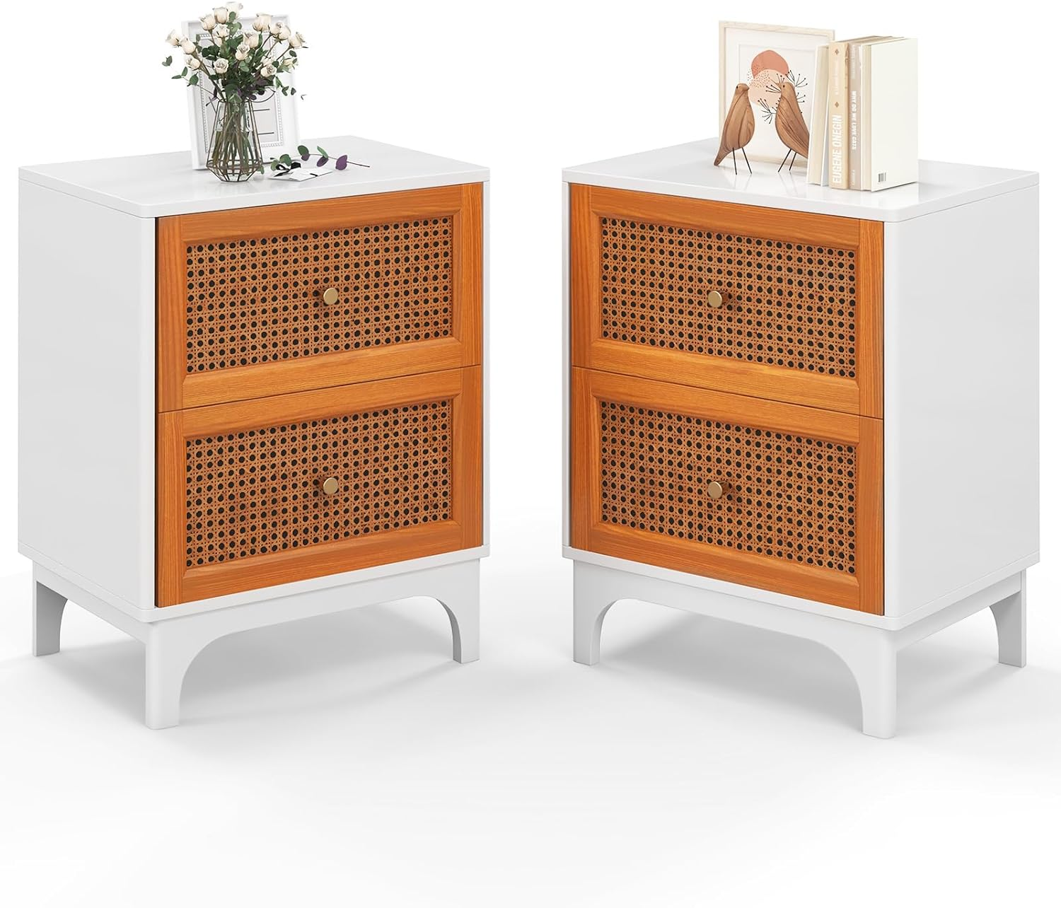 Rattan Nightstand 2 Drawer Bedside Table Storage Wooden End Table Boho White