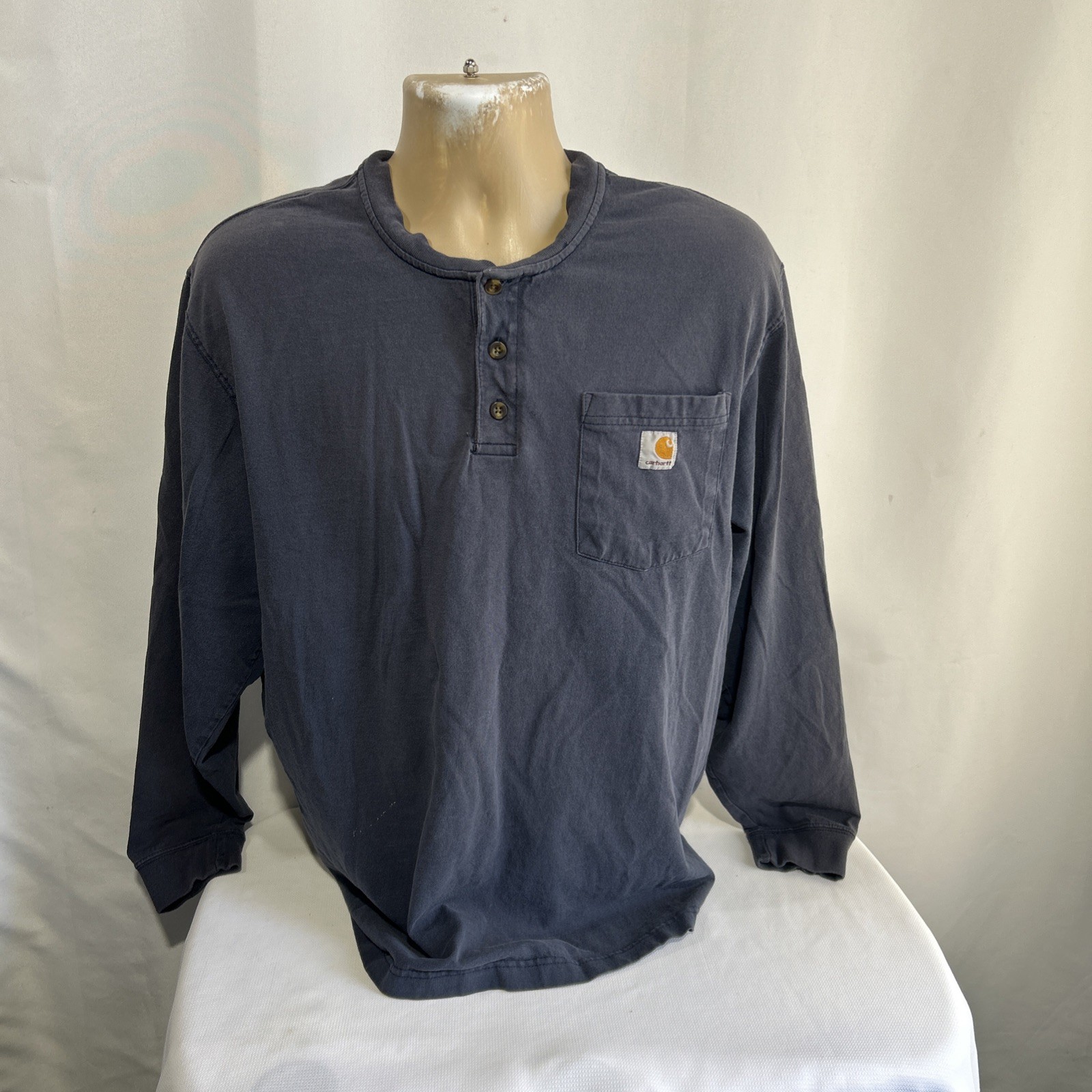 Carhartt Shirt Mens Size L Navy Blue Henley Long Sleeve Pocket K128 Workwear
