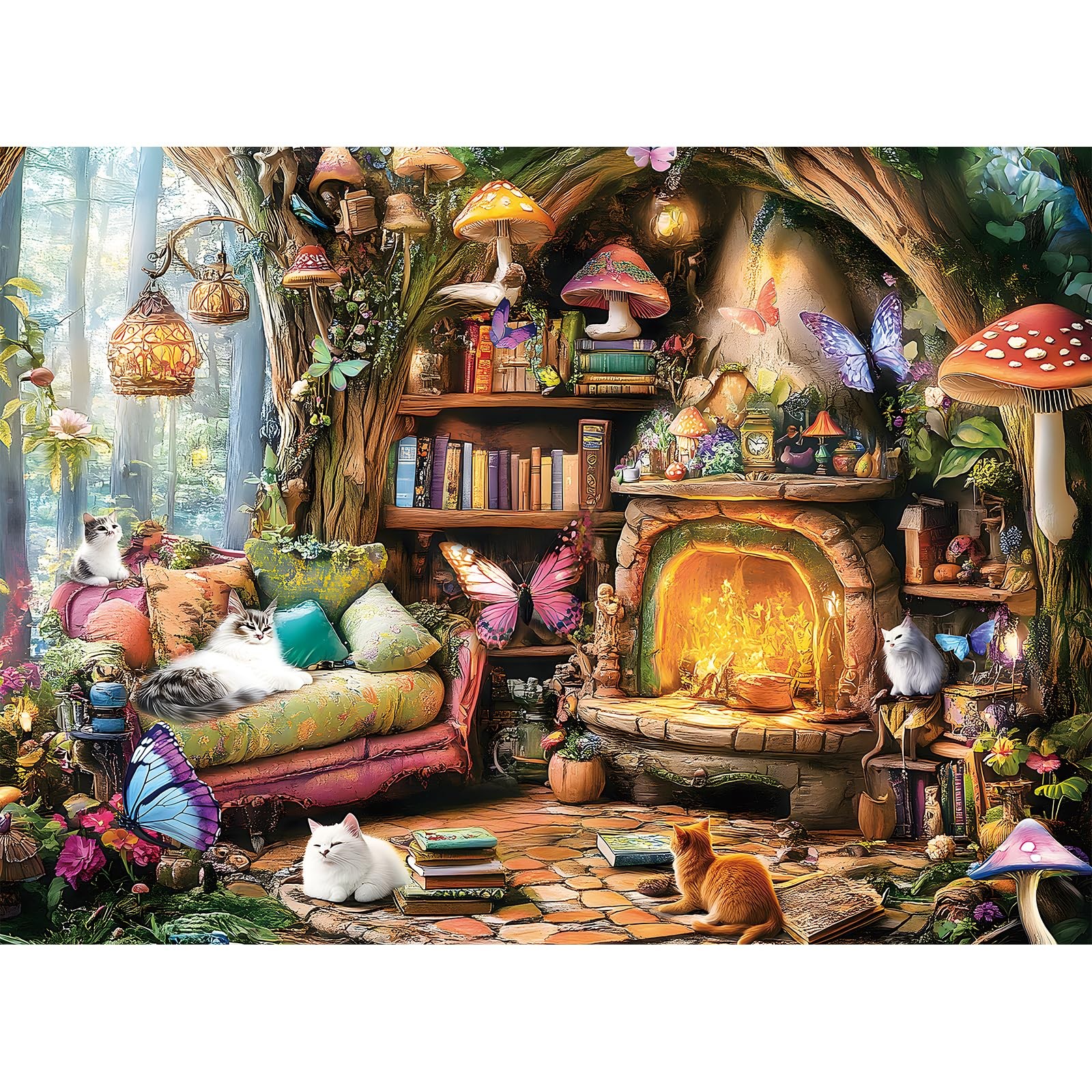 500 Piece Jigsaw Puzzle for Adults Clearance, Spring Fantasy Cats Mushrooms J...