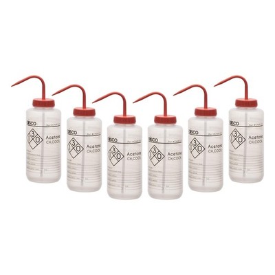 EISCO 6PK Wash Bottles for Acetone, 1000ml - Labeled with Chemical Informatio...