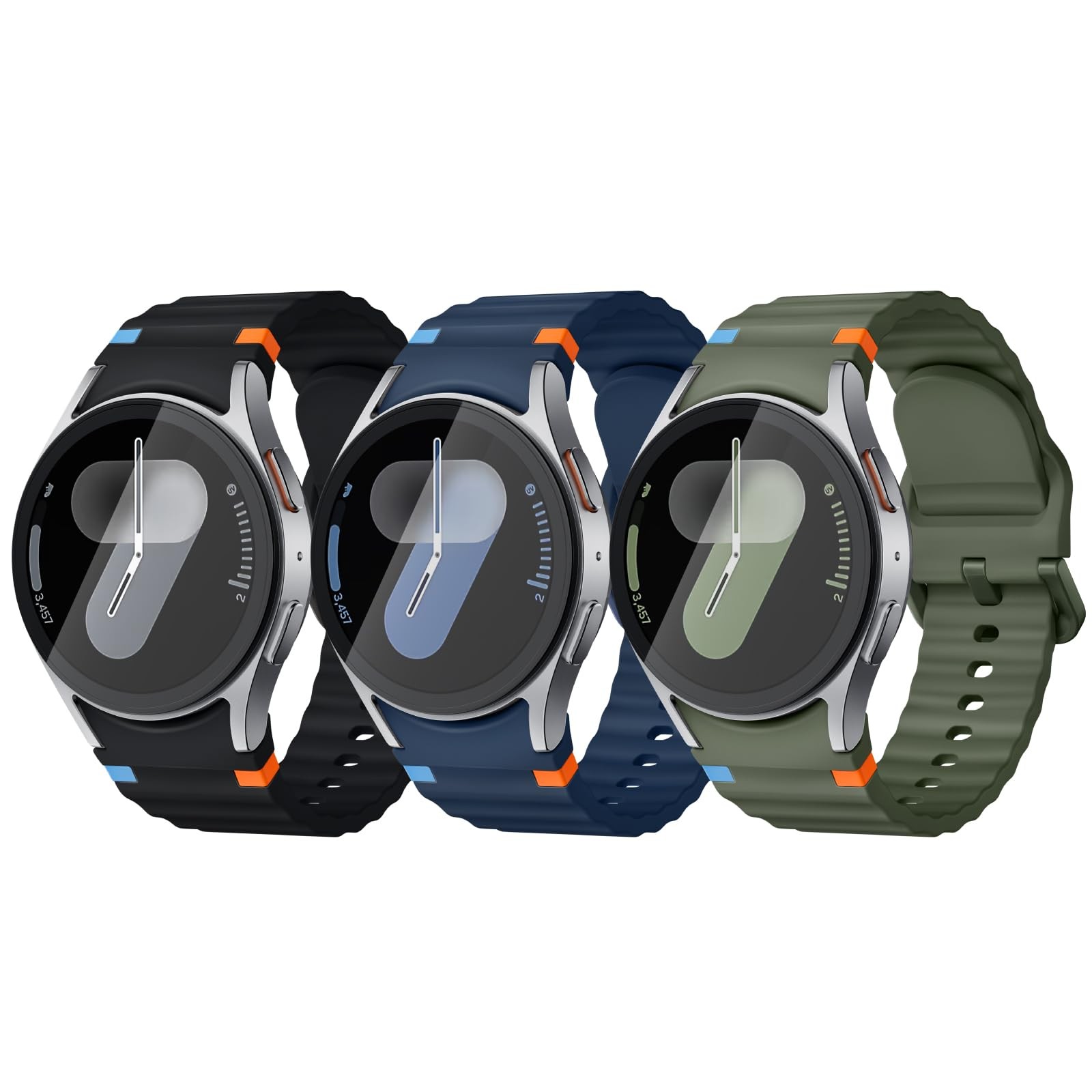 3 Pack Sport Band Compatible for Galaxy Watch 7 6 5 4 FE, Black/Blue/Green